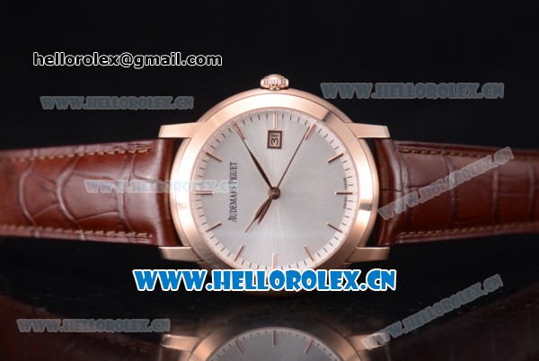 Audemars Piguet Jules Audemars Clone AP Calibre 3120 Automatic Rose Gold Case with Silver Dial Stick Markers and Brown Leather Strap (EF) - Click Image to Close